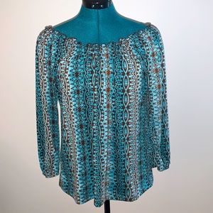 Carol Rose brown/turquoise on/off shoulder blouse